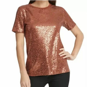 DKNY WOMEN'S P9HHJ467 BROWN SEQUIN SHORT SLEEVE JEWEL NECK TOP Small NWT